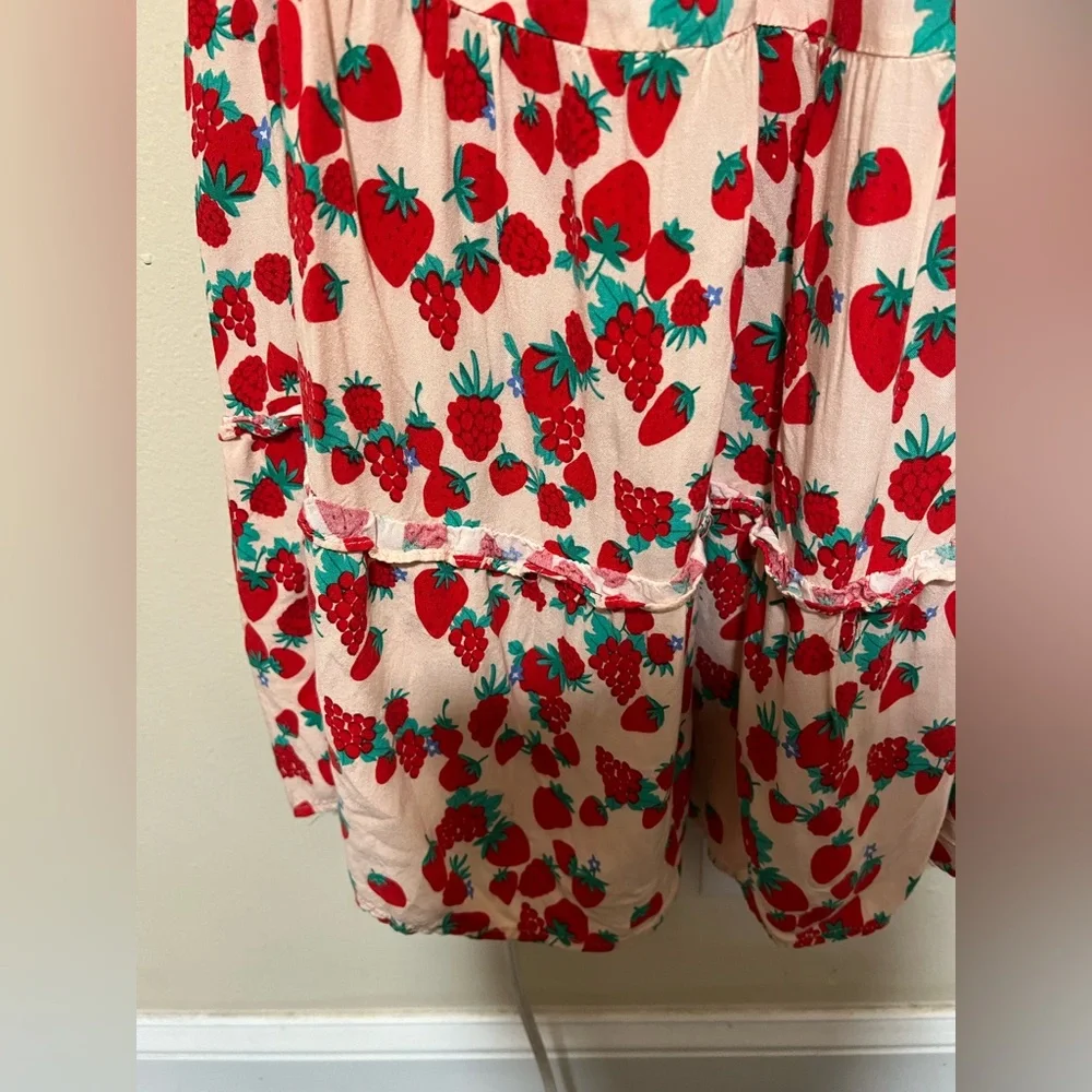 Betsey Johnson Dress XS Strawberry Fields Smocked Tiered Red Pink Cottage - Picture 6 of 12